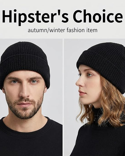 Fisherman Beanie, Knit Cuffed Short Mens Beanie Soft Winter Warm Watch Cap Cozy Trawler Hat for Men Women Black