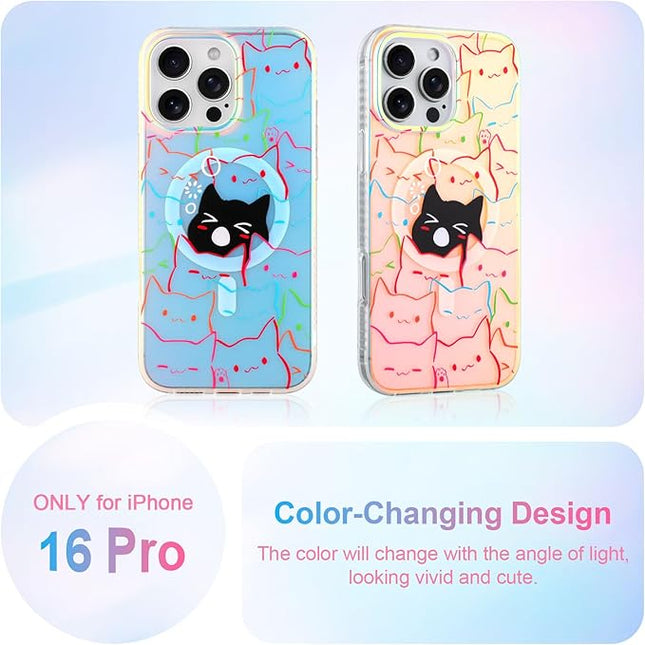 Cute Case for iPhone 16 Pro Case for Women Girls Boys [ Compatible with Magsafe ] Iridescent and Black Cats Cat Pattern Design, Kawaii Colorful Animal Soft Bumper Protective Phone Cover