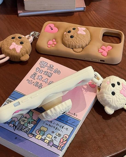 Case Compatible with iPhone 14 Pro,Cute 3D Kawaii Funny Dog Stand White Cartoon Cover with Keychain Soft Silicone Gel Drop Protector Women Girls