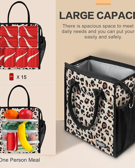 Fmeida Lunch bag, Insulated Lunch Bag for Women Adult Large Lunch Box Container, Reusable Leakproof Cooler Lunch Bags, Fashion Leopard Lunch Tote for Office Work Picnic Beach Travel