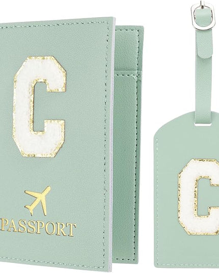 PATIKIL Passport Holder for Travel, Initial Passport Cover and Luggage Tag Set with Alphabet Chenille Letter Patch Travel Wallet Bag Suitcase Identifier for Women Family Travel Green C