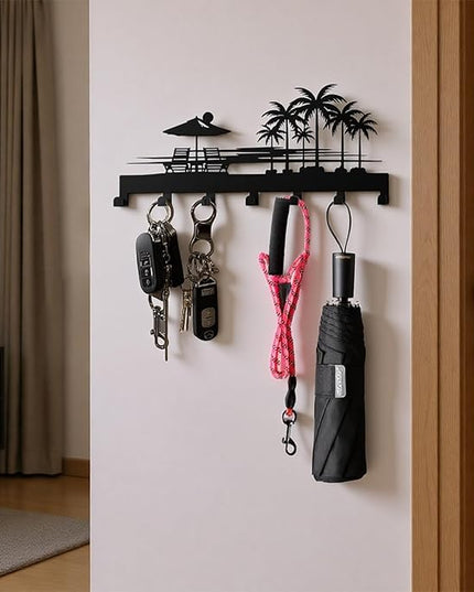 useNumber Bench Key Holder for Wall,Setting Sun and Coconut Trees Key Hooks Wall Mount Whith 7 Hooks,Tropical Style Key Hanger Wall Decor for Front Door,Hallway,Entryway,Office
