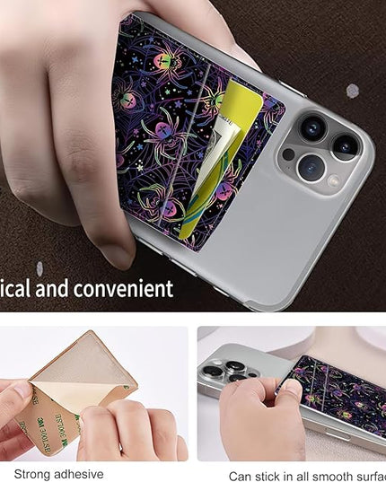 Phone Card Holder, Dual Pocket Leather Wallet Adhesive Stick On, Cute Credit Card Holder for Smartphones Case Compatible with Most Phone（Colored spider）