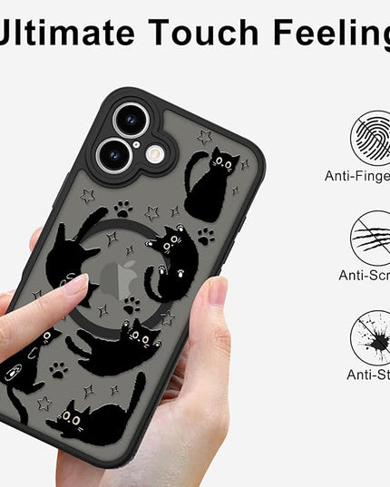 Cute Magnetic Case for iPhone 16 Plus Case [ Compatible with MagSafe ] with Black Cat Cats Pattern Design for Women Girls Boys, Soft Bumper Hard Back Kawaii Animal Protective Phone Cover