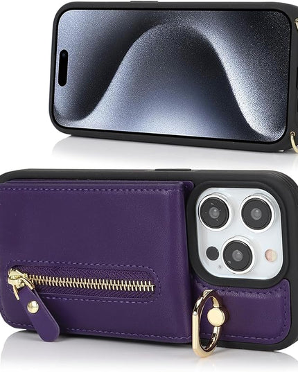 for iPhone 15 Pro Max Wallet Case with Card Holder, for iPhone 15 Pro Max Case Wallet with Strap Credit Card Slot, Crossbody Bag with Zipper Case for iPhone15 Pro Max - Purple