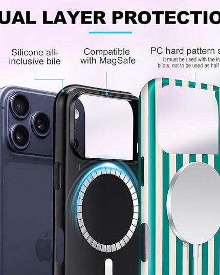 Magnetic for iPhone 17 Pro Max Case Cute Stripes Phone Case, Shockproof Slim TPU and Hard PC Protective Phone Cover Compatible with MagSafe Designed for Women Girls, Emerald Green