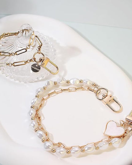 Pearl Beaded Phone Charm Wrist Strap,Cute Bracelet Wristlet Lanyard,Gold Double Chain for Phone Case,Purse Bag Wallet