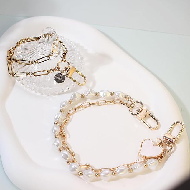 Pearl Beaded Phone Charm Wrist Strap,Cute Bracelet Wristlet Lanyard,Gold Double Chain for Phone Case,Purse Bag Wallet