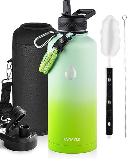 Insulated Water Bottle 87 oz, Triple Wall Vacuum Stainless Steel (Cold for 48 Hrs), Leak Proof & Non-BPA, Modern Water Flask Jug with Paracord Handle & Straw Spout Lids, Ombre Green