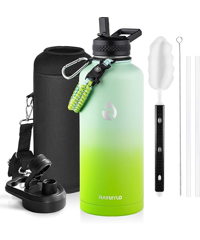 Insulated Water Bottle 87 oz, Triple Wall Vacuum Stainless Steel (Cold for 48 Hrs), Leak Proof & Non-BPA, Modern Water Flask Jug with Paracord Handle & Straw Spout Lids, Ombre Green