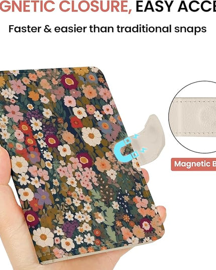 Passport Holder for Travel Essentials, RFID Blocking Leather Cover Wallet with Magnetic Closure, Aesthetic & Cute Passport Book Case for Women and Men - Flower