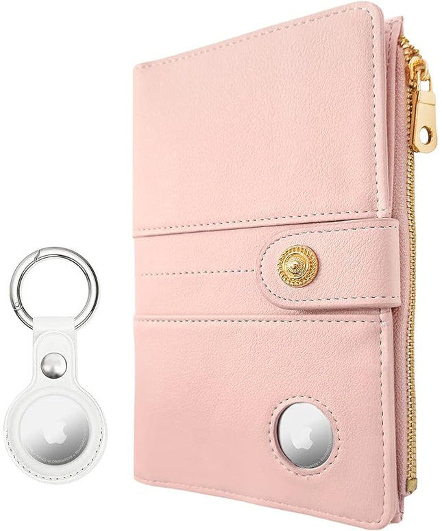 elzama Passport Holder with Airtag Slot for Travel Women, RFID Passport Wallet with Airtag Holder, Zipper Pocket Card Slots Pen Holder & Airtags Keychain (Air tag Not Included) Pink