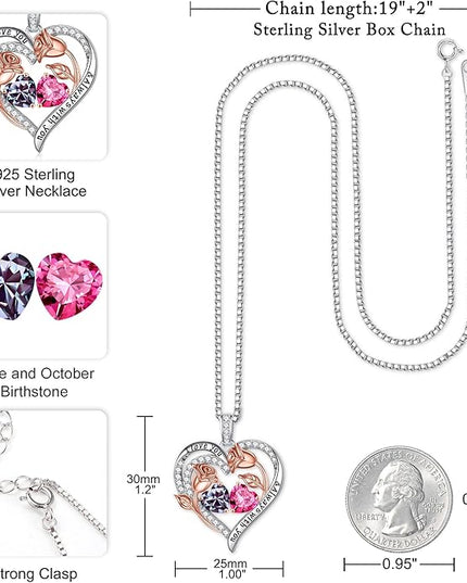 Iefil Christmas Gifts for Women Wife - 925 Sterling Silver Rose Heart Birthstone Necklace Birthday Anniversary Jewelry Gifts for Her Wife Mom Daughter