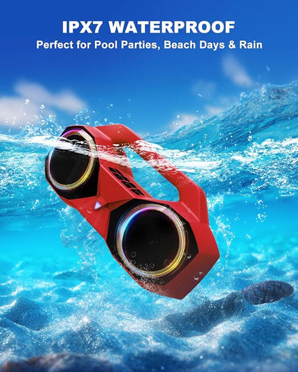 OZJ Bluetooth Speaker 80W(Peak) Loud with Bass, 20H Playtime, IPX7 Waterproof, RGB Lights, TWS, Large Portable Wireless Speakers for Outdoor, Home, Party, Pool, Beach, Tailgating, Gym, Work (Red)