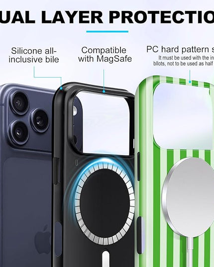 Magnetic for iPhone 17 Pro Max Case Cute Stripes Phone Case, Shockproof Slim TPU and Hard PC Protective Phone Cover Compatible with MagSafe Designed for Women Girls, Deep Green