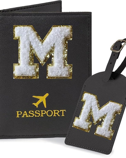 COSHAYSOO Black Initial Passport Cover Holder and Luggage Tag Set TSA Approved with Alphabet Chenille Letter Patch for Women Teenager Girls, PU Leather Traveling Bag Suitcase Identifier (M)
