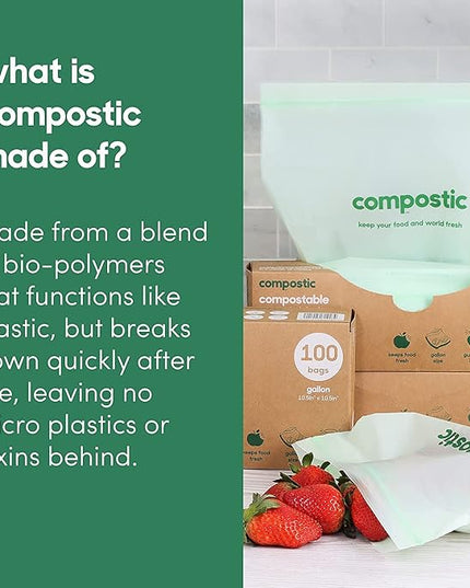 Compostic Home Compostable Resealable Gallon Bags, Microwave & Freezer Safe, Organic Food Storage Container, 60 Count
