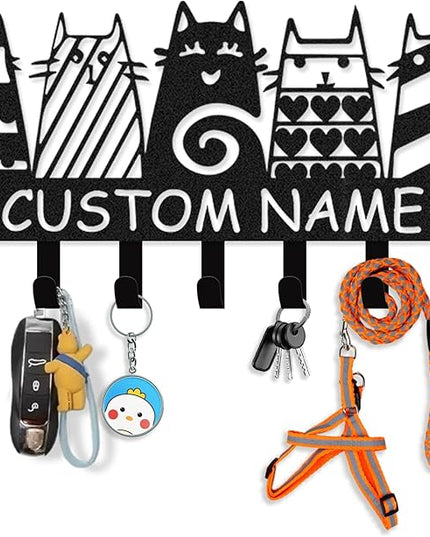 Kotagi Dyoart Personalized Key Holder Wall Mount - Custom Name Cat Key Holder for Wall, Black Pet Wall Art Decor, Housewarming Gifts, Key Rack Coat Rack Organizer for Storage, Living Room, Hallway