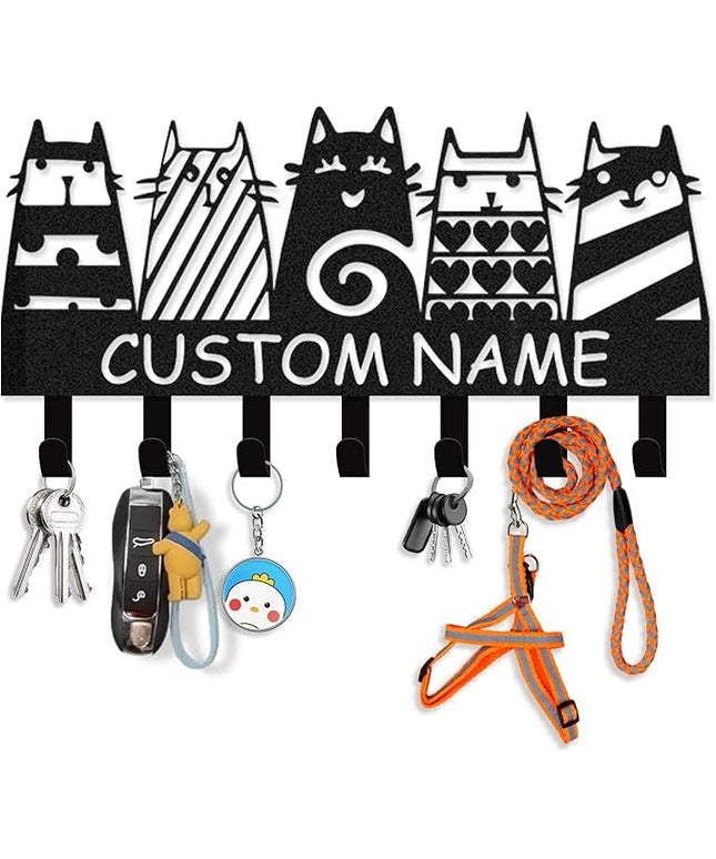 Kotagi Dyoart Personalized Key Holder Wall Mount - Custom Name Cat Key Holder for Wall, Black Pet Wall Art Decor, Housewarming Gifts, Key Rack Coat Rack Organizer for Storage, Living Room, Hallway
