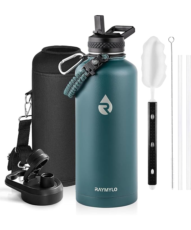 Insulated Water Bottle 87 oz, Triple Wall Vacuum Stainless Steel (Cold for 48 Hrs), Leak Proof & Non-BPA, Modern Water Flask Jug with Paracord Handle & Straw Spout Lids, Dark Green