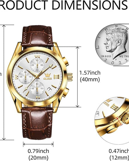 OLEVS Leather Chronograph Watch Men - Leather Strap (Brown/Black), Work Luminous Waterproof Analog Quartz Dress Wrist Watch with Blue/Black/Brown/White Dial