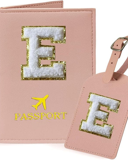 COSHAYSOO Passport Cover and Luggage Tag Set with Her Initial Chenille Letter Patch for Big Little Girls Sister Daughter, Kawaii Travel Bag Backpack Suitcase Identifier Pink E