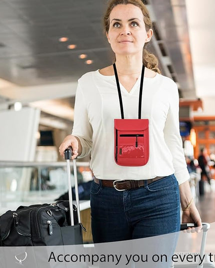 RFID Blocking Travel Neck Wallet Pouch and Passport Holder, Travel Neck Pouch Passport Holder for Women & Men - Red