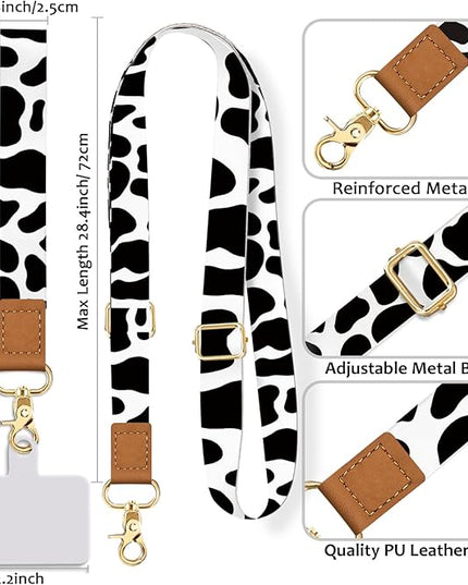 Phone Lanyard Crossbody Wrist Strap Adjustable, Cow Cell Phone Lanyard Wristlet Universal Strap with 2 Tether Tabs Cute for Women ID Badges Accessories