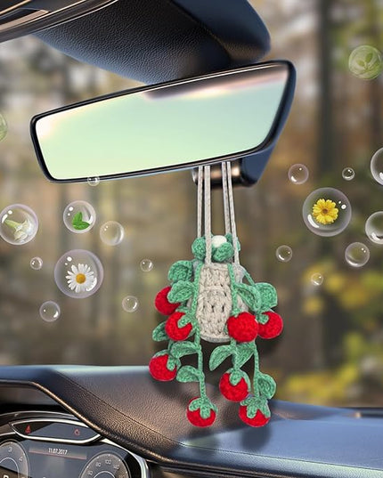 Handmade Crochet Hanging Car Air Freshener - Sweet Cherry Charm with 12ml Refillable Glass Essential Oil Bottle, Cute Car Accessories for Women & Bedroom Floral Decor