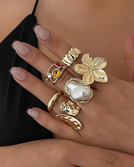 Chunky Gold Rings for Women Non Tarnish Statement Flower Ring Baroque Pearl Stackable Rings Set 6Pcs Chunky Jewelry