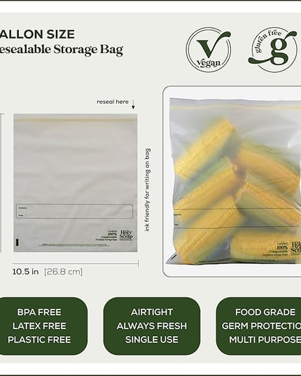 100% Compostable Food Storage Bags 1 GALLON Size - 50 Pack - Resealable Extra Strength Zip Seal Bags Made from Plants, Eco Friendly, Freezer Safe - BPI Certified, OK Compost Home