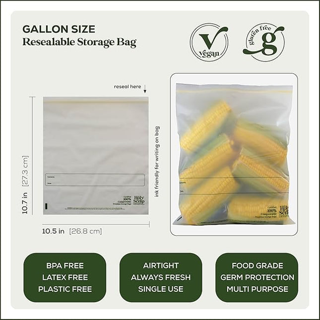 100% Compostable Food Storage Bags 1 GALLON Size - 50 Pack - Resealable Extra Strength Zip Seal Bags Made from Plants, Eco Friendly, Freezer Safe - BPI Certified, OK Compost Home