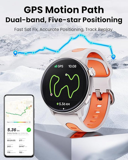 Smart Watch GPS, 1.43" AMOLED Screen Smart Watch for Men/Women Fitness Tracker, Military Smartwatches Compass，Compatible with Android & iOS (Bluetooth Call Answer/Dial), Multiple Sports Modes(Orange）