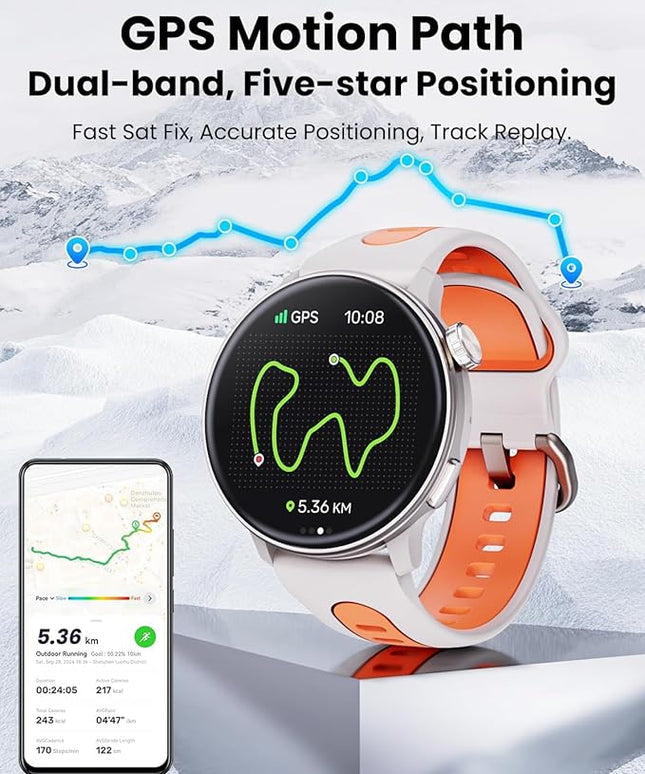 Smart Watch GPS, 1.43" AMOLED Screen Smart Watch for Men/Women Fitness Tracker, Military Smartwatches Compass，Compatible with Android & iOS (Bluetooth Call Answer/Dial), Multiple Sports Modes(Orange）