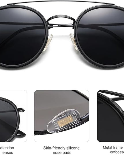 SOJOS Retro Vintage Round Polarized Sunglasses for Women Men Small Double Bridge Circle Sunnies SJ1104