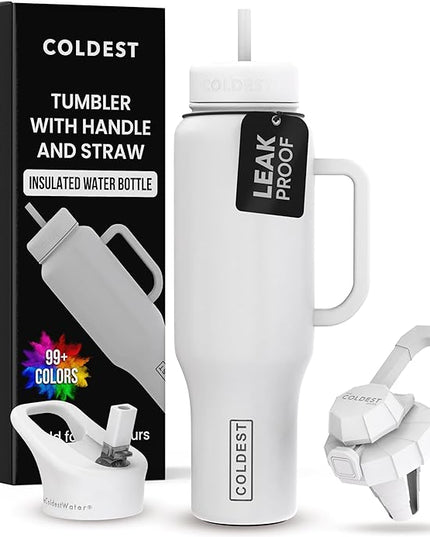 Coldest Tumbler with Handle and Straw - 100% Leak Proof Insulated Tumbler with Lid and Straw (3 Lids) - Stainless Steel Tumblers for Women & Men - Cup Holder Friendly Base, 46 oz (Epic White)