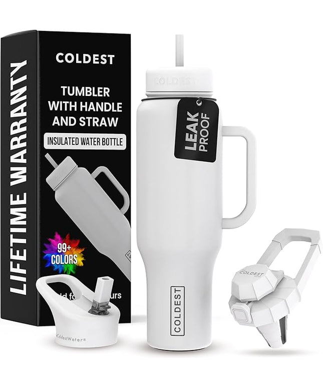 Coldest Tumbler with Handle and Straw - 100% Leak Proof Insulated Tumbler with Lid and Straw (3 Lids) - Stainless Steel Tumblers for Women & Men - Cup Holder Friendly Base, 46 oz (Epic White)