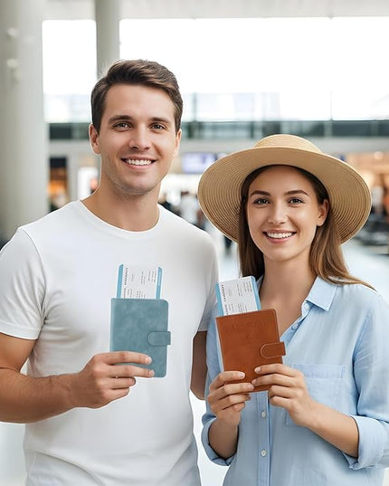 2PCS Passport Book Holder for Travel, Leather Passports Cover with Snap Closure, RFID Blocking Passport Holders Book Case Travel Wallet for Women Men, Airport Essentials Gift(Light Blue/Brown)