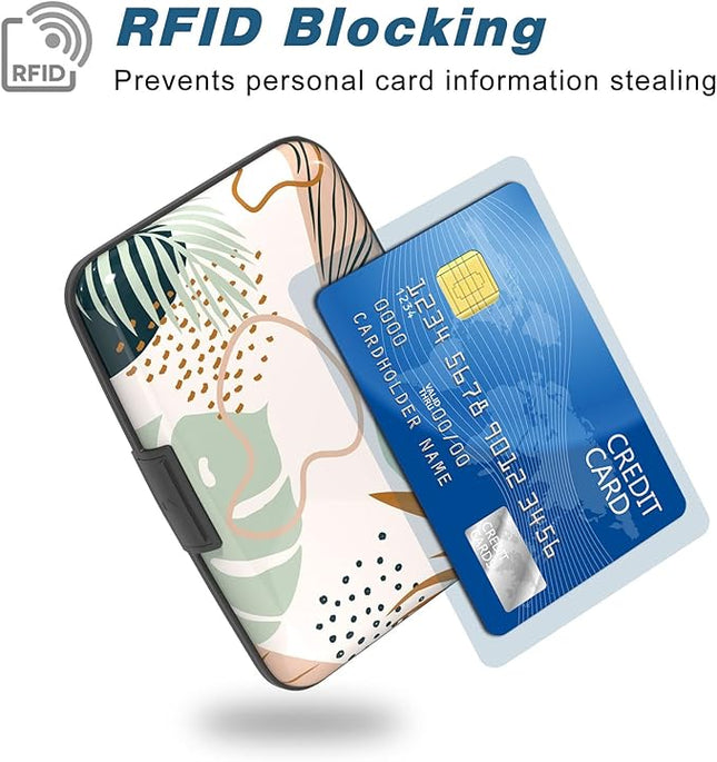 Atufsuat Credit Card Holder, Mini Aluminum Card Wallet RFID Blocking Slim Metal Hard Card Case for Women Men, Leaf