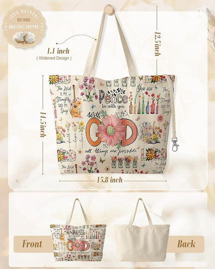Large Tote Bag for Women - Aesthetic Cute Big Canvas Bags with Zipper Cotton Shoulder Bag for Gym, Travel, Work