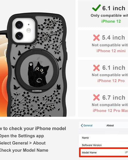 Wavy Case for iPhone 12 Case with Stand [Compatible with MagSafe] Cute Black Cat & Floral & Butterflies Pattern Design, Kawaii 360 Magnetic Ring Kickstand Phone Cover for Women Girls