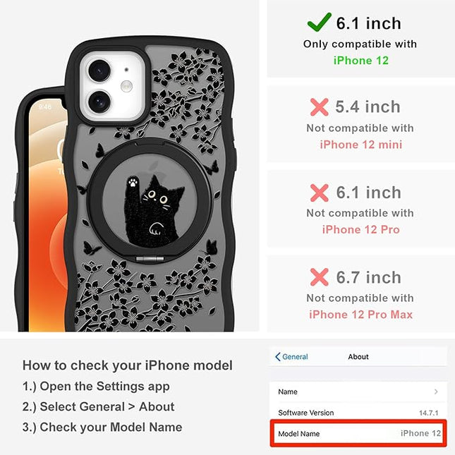 Wavy Case for iPhone 12 Case with Stand [Compatible with MagSafe] Cute Black Cat & Floral & Butterflies Pattern Design, Kawaii 360 Magnetic Ring Kickstand Phone Cover for Women Girls