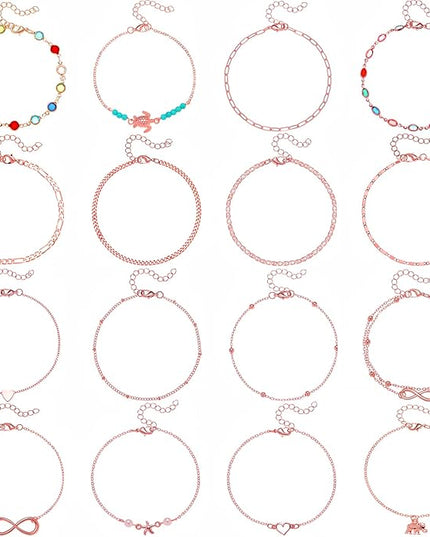 Starain 12Pcs Summer Beach Anklets for Women Waterproof Gold Silver Chain Ankle Bracelets Cute Women's Foot Anklet Set 7.9-10.5 inch Adjustable