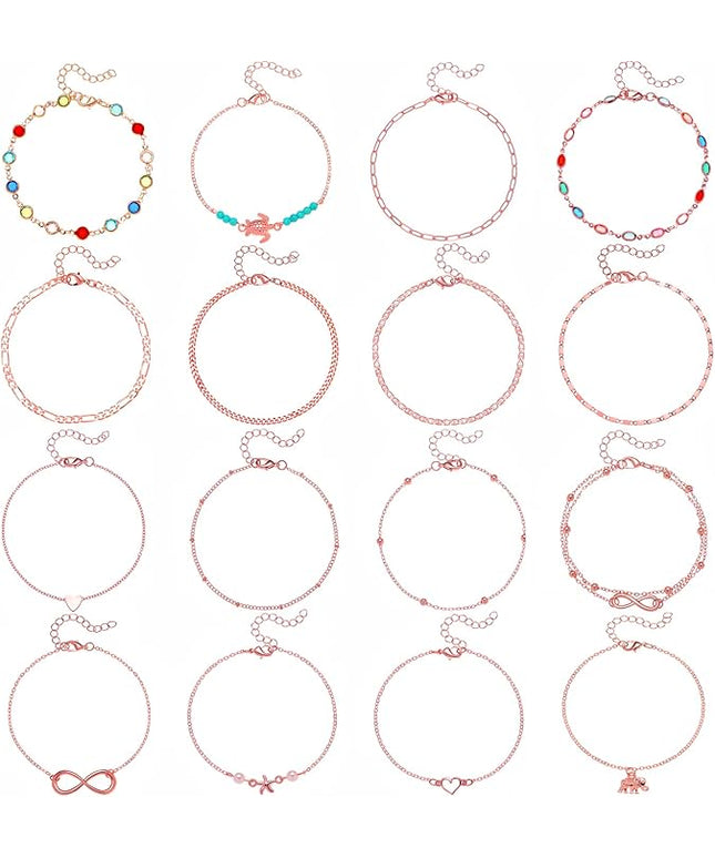 Starain 12Pcs Summer Beach Anklets for Women Waterproof Gold Silver Chain Ankle Bracelets Cute Women's Foot Anklet Set 7.9-10.5 inch Adjustable