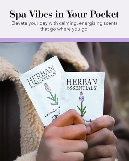 Herban Essentials - Lavender Wipes & Towelettes - Essential Oil Wipes for Make Up, Hands, Face & Body - Travel Size Essentials and Toiletries - Natural, Individually Wrapped and Disposable - 7 Count