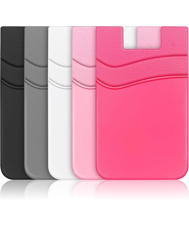 SHANSHUI Phone Wallet, Strong Adhesive Silicone Wallet Sleeve Pocket Stick on ID Credit Card Holder for All Smartphones - 5 Pack Black White Grey Pink Rose