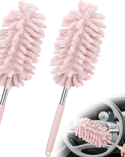 2 PCS Car Interior Duster with Extension Pole, Microfiber Car Duster with Bendable Head, Cars Dusters Exterior&Interior Scratch Free, for Cleaning of Vehicle Details, Offices, Windows(Pink)