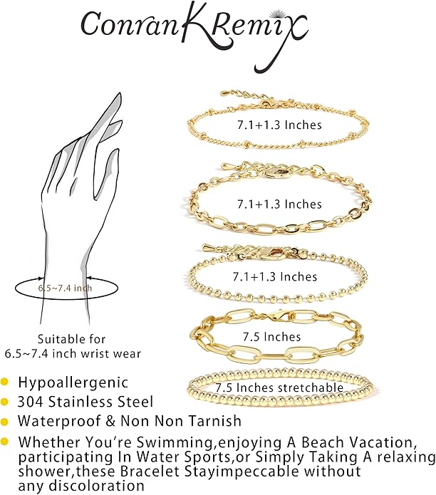 Waterproof Gold Chain Bracelet For Women Non Tarnish,14K Gold Plated Link Dainty Bracelets Stake Layered Bracelet Set Hypoallergen Gold Jewelry
