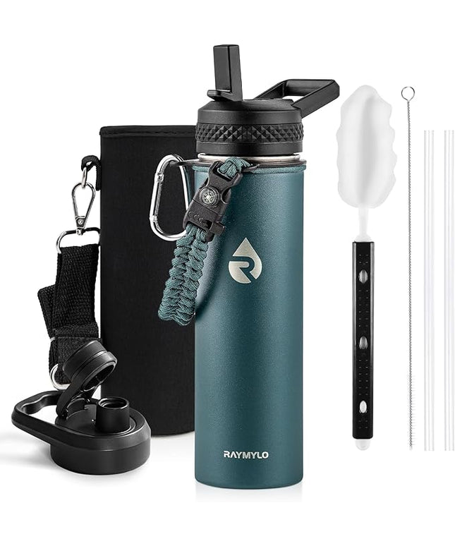 Insulated Water Bottle 20 oz, Triple Wall Vacuum Stainless Steel (Cold for 48 Hrs), Leak Proof & Non-BPA, Kids Water Bottle Jug for School with Straw Spout Lids, Dark Green
