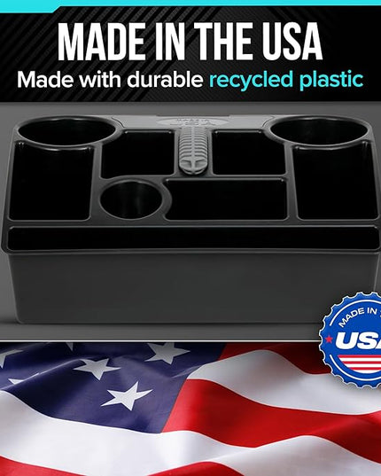 Vehicle Seat Organizer Car Storage Caddy with Carrying Handle, 2 Large Cup Holders, 10 Compartments, Hidden Extra Storage, Fits Most Vehicles, Made in USA from Recycled Plastic